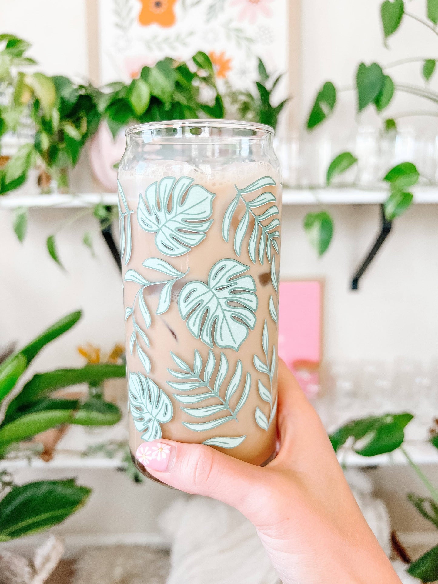 20oz Tropical Monstera Iced Coffee Beer Can Glass