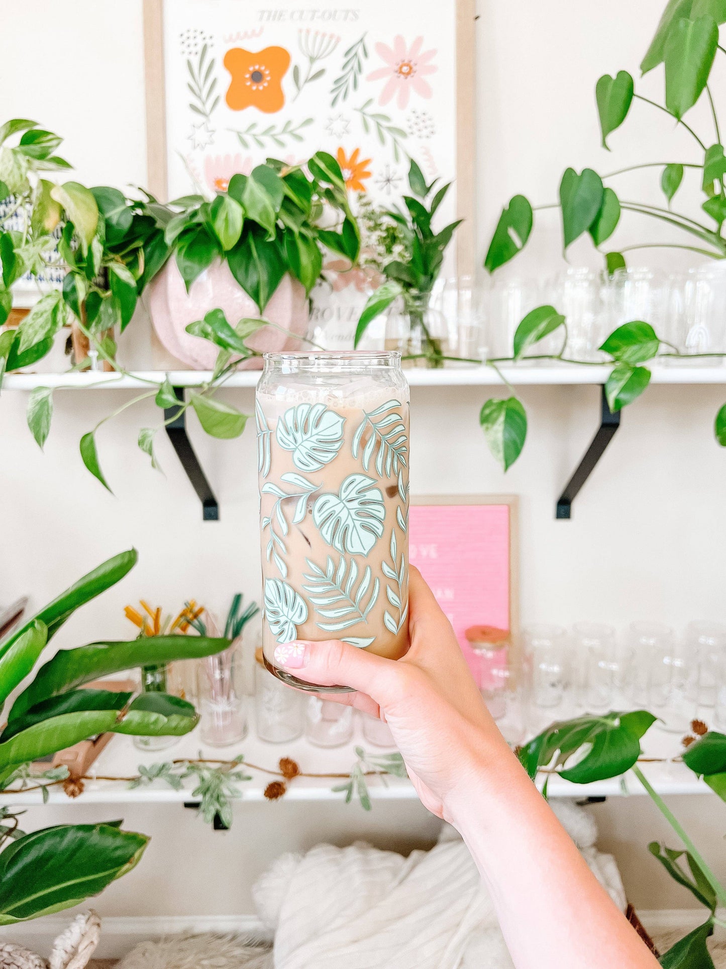 20oz Tropical Monstera Iced Coffee Beer Can Glass