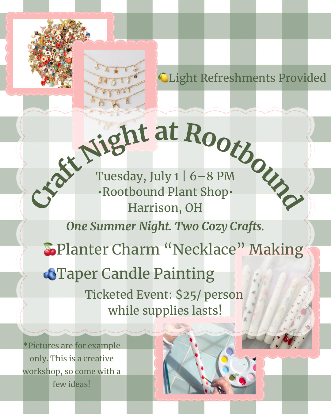 Craft Night at Rootbound – Charm Necklaces & Candle Painting (July 1)