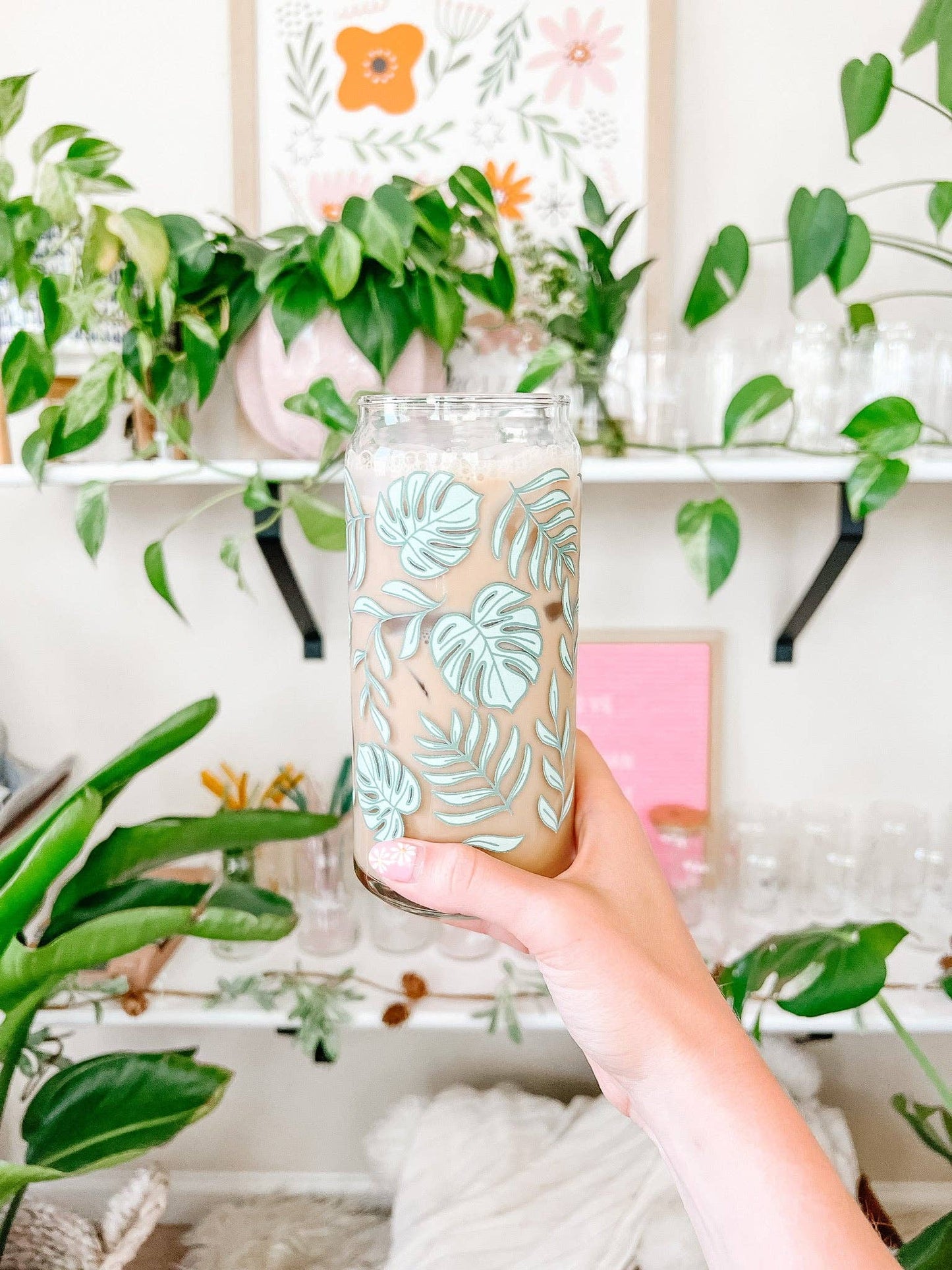 20oz Tropical Monstera Iced Coffee Beer Can Glass