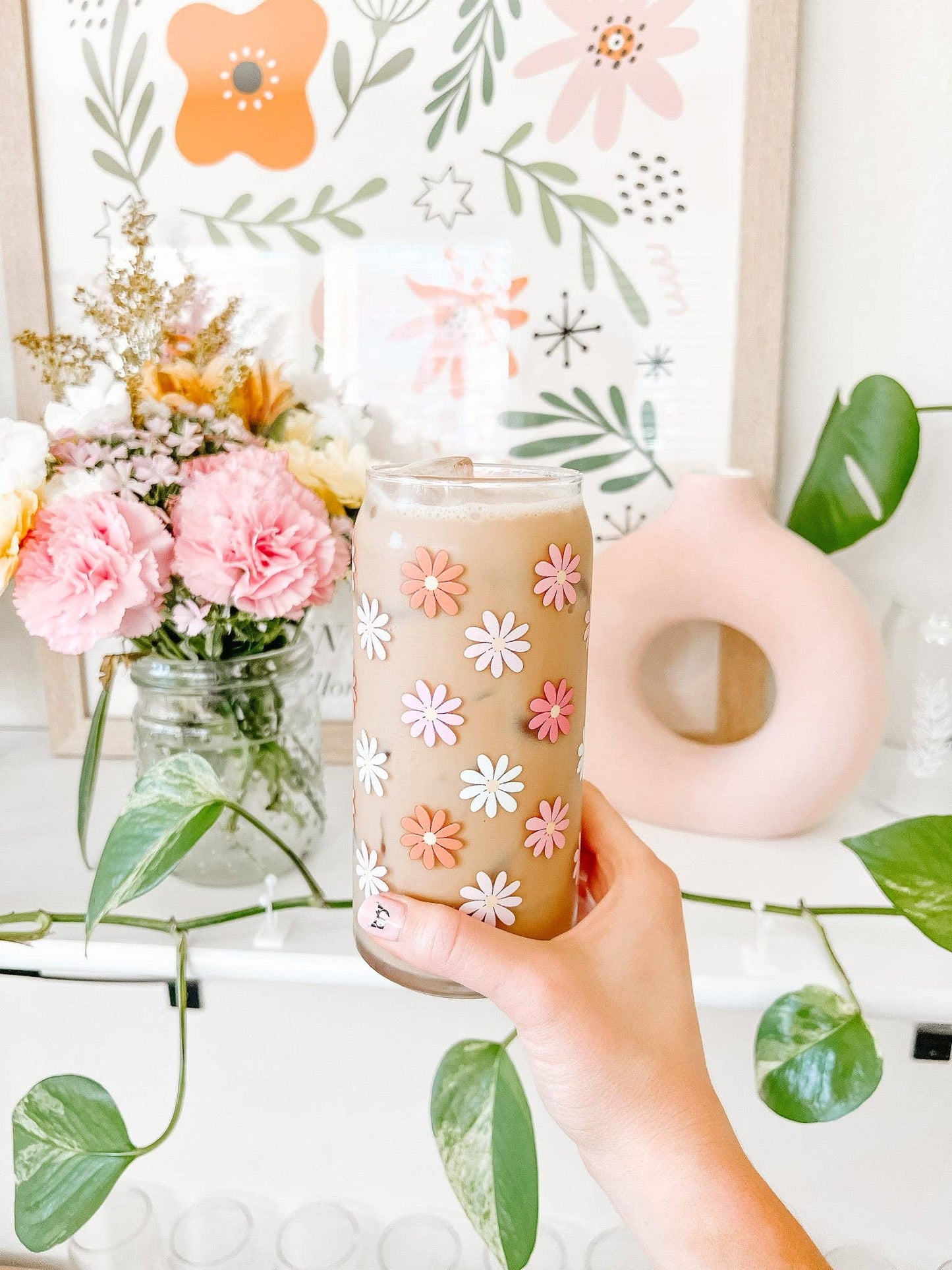 20oz Retro Daisy Iced Coffee Beer Can Glass