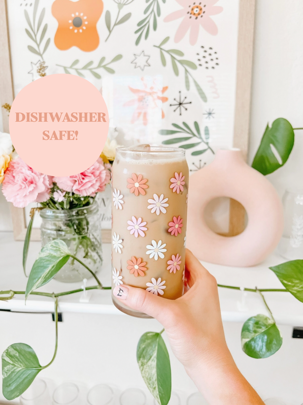 20oz Retro Daisy Iced Coffee Beer Can Glass