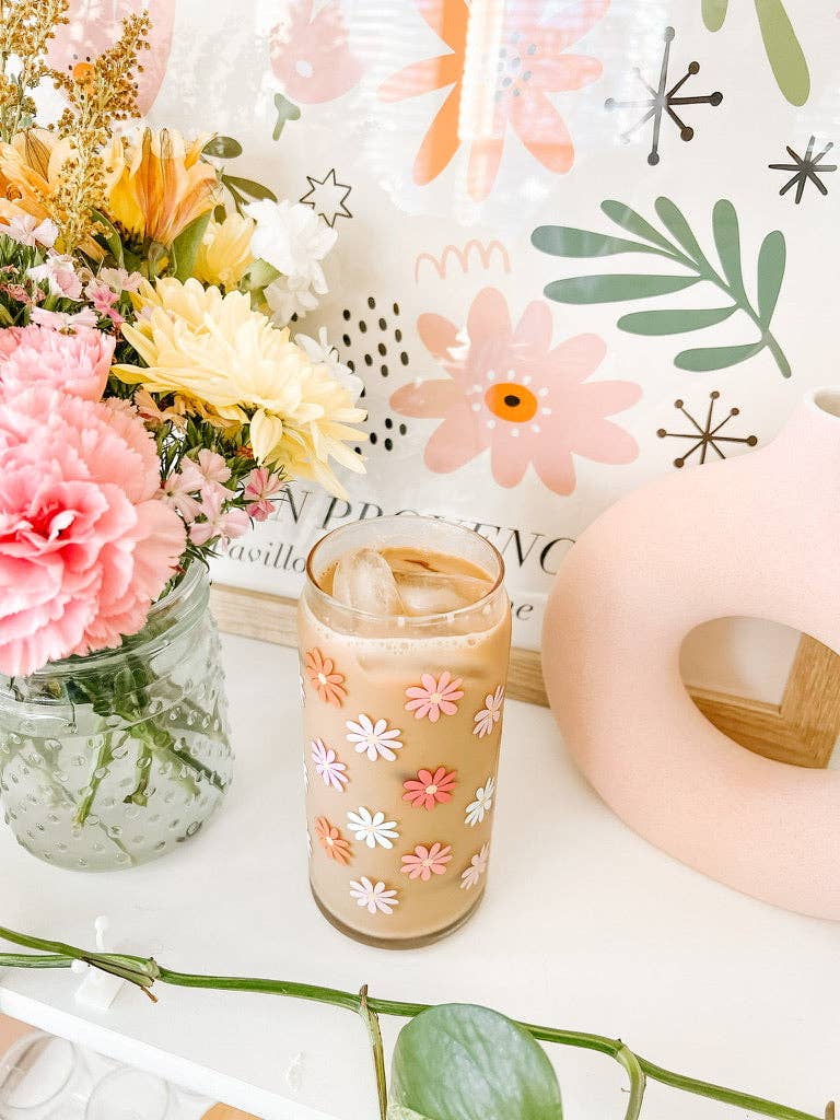 20oz Retro Daisy Iced Coffee Beer Can Glass