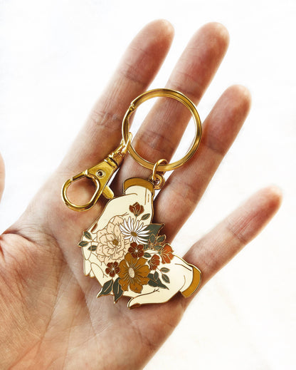 Hands + Flowers Keychain | Hard enamel floral key ring