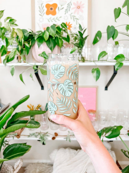20oz Tropical Monstera Iced Coffee Beer Can Glass